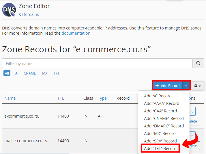 cPanel - Verifikacija dodavanjem DNS TXT parametara